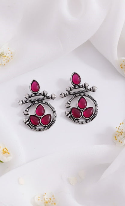 Elegant Oxidized Silver Earrings with Ruby Red Stones