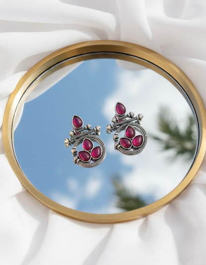 Elegant Oxidized Silver Earrings with Ruby Red Stones