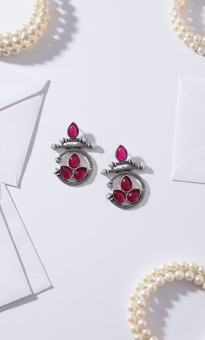Elegant Oxidized Silver Earrings with Ruby Red Stones