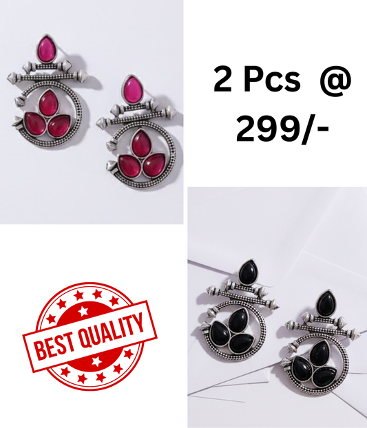 Ethnic Oxidized Silver Earrings with Red & Black Stones Combo