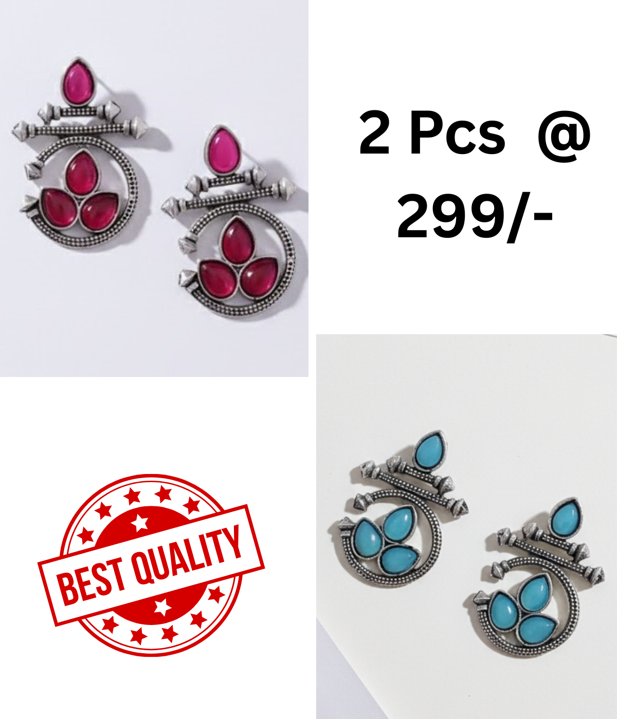 Ethnic Oxidized Silver Earrings with Red & Black Stones Combo