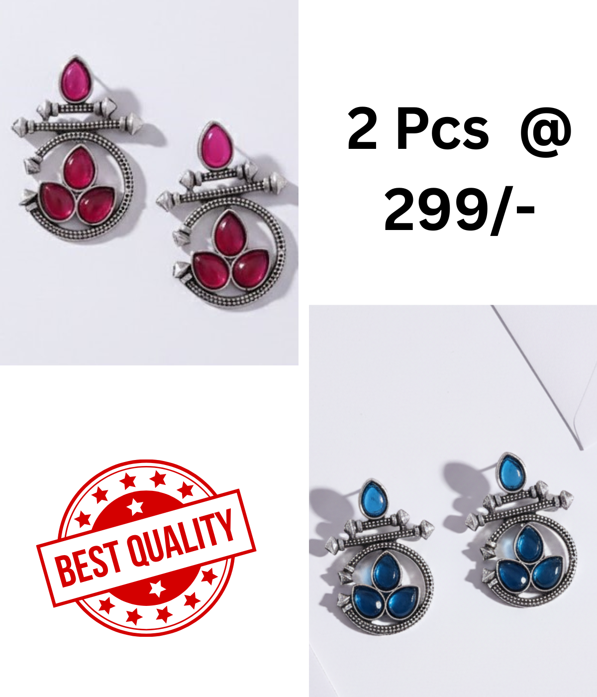 Ethnic Oxidized Silver Earrings with Red & Black Stones Combo