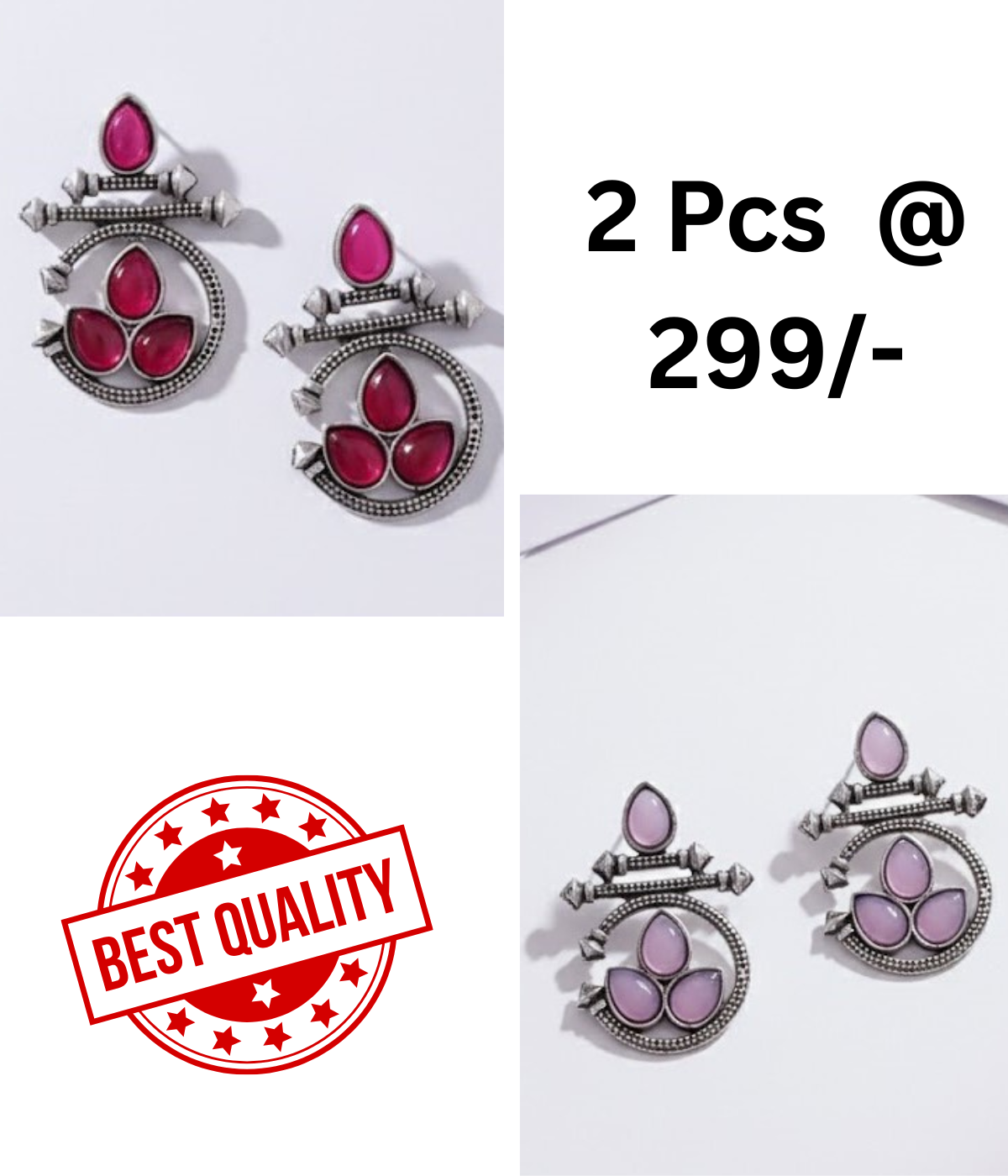 Ethnic Oxidized Silver Earrings with Red & Black Stones Combo