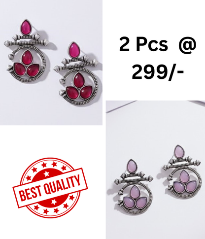 Ethnic Oxidized Silver Earrings with Red & Black Stones Combo