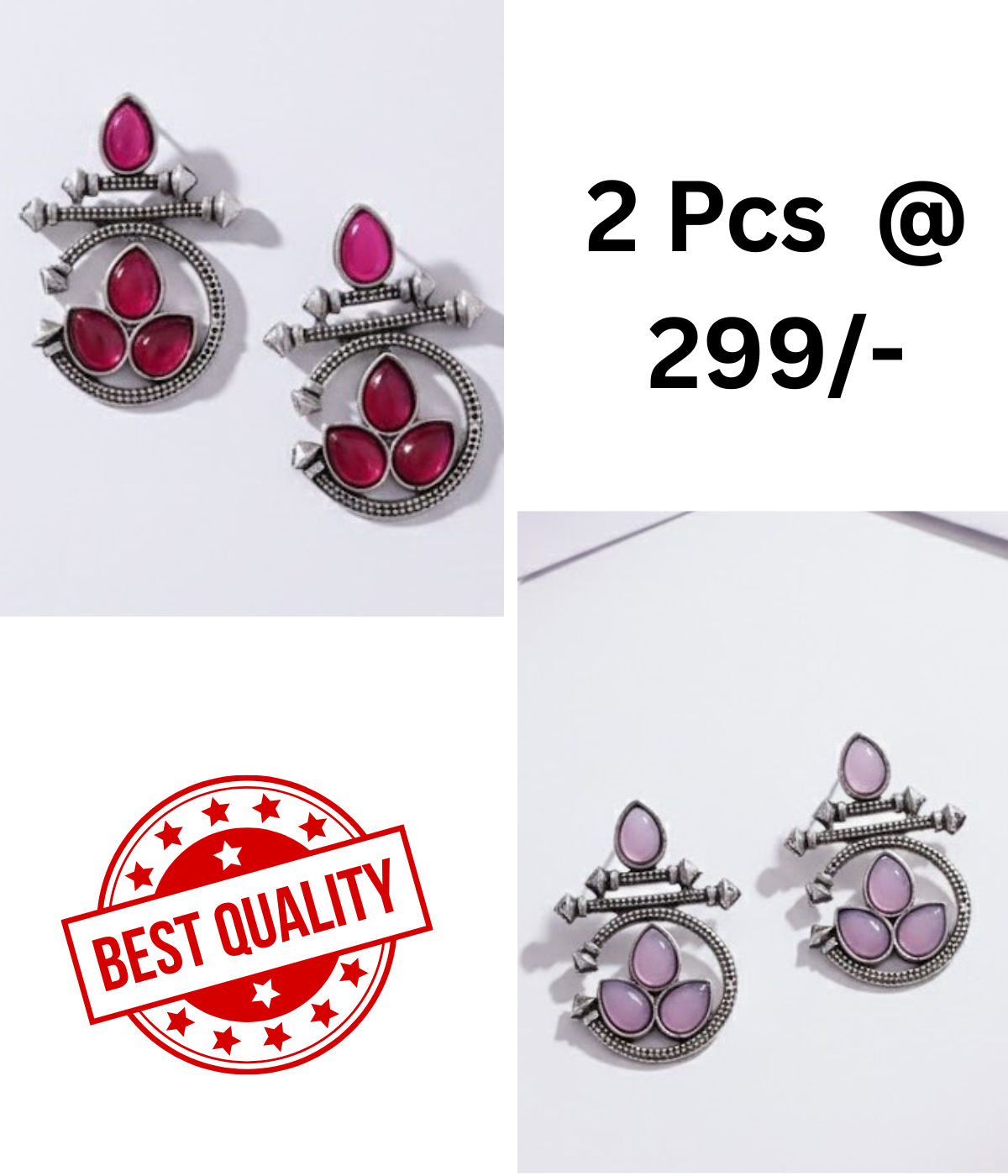 Ethnic Oxidized Silver Earrings with Red & Black Stones Combo