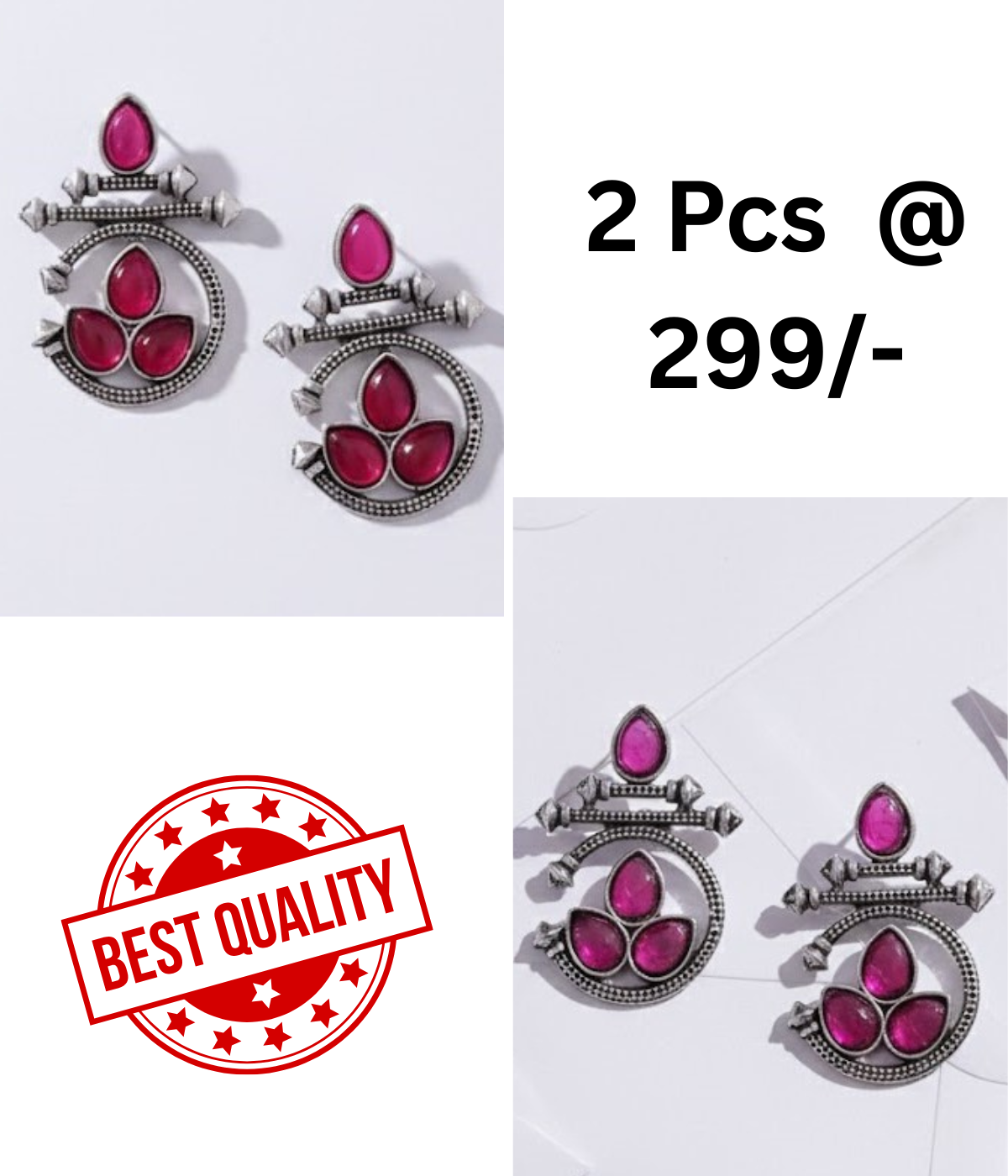 Ethnic Oxidized Silver Earrings with Red & Black Stones Combo