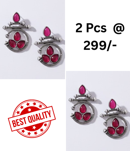 Ethnic Oxidized Silver Earrings with Red & Black Stones Combo