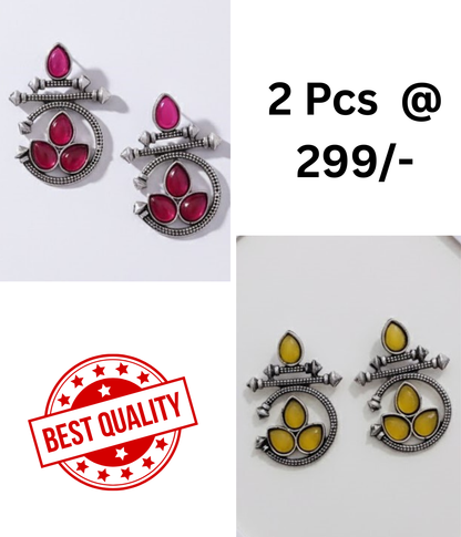 Ethnic Oxidized Silver Earrings with Red & Black Stones Combo