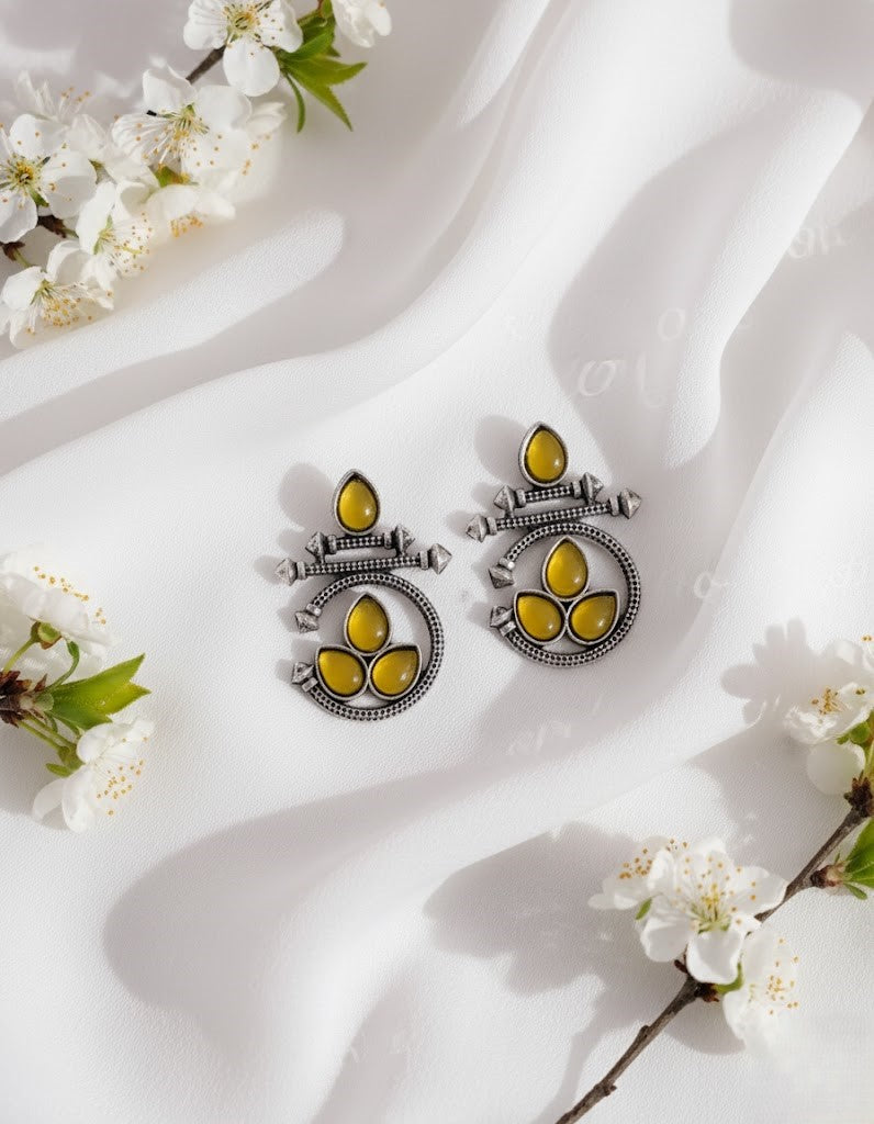 Stunning Oxidized Silver & Yellow Stone Ethnic Earrings