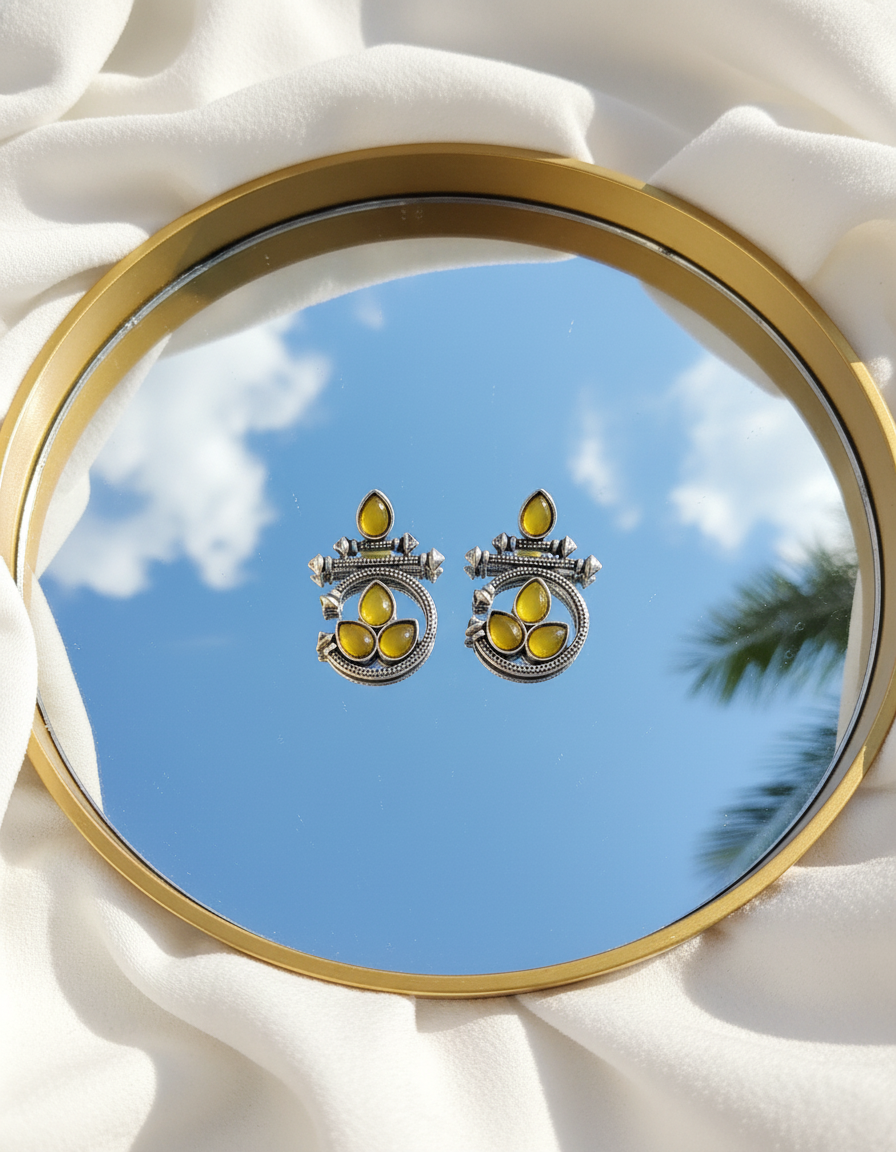 Stunning Oxidized Silver & Yellow Stone Ethnic Earrings