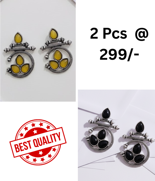 Ethnic Oxidized Silver Drop Earrings with Yellow & Black Stones