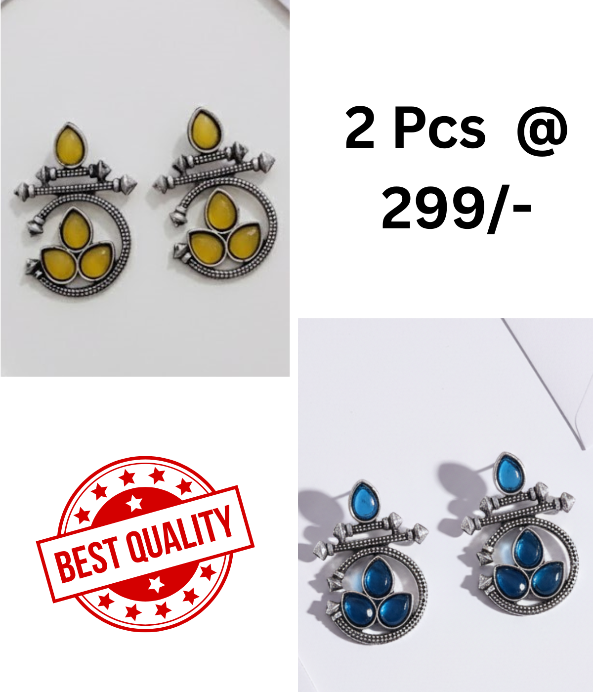 Ethnic Oxidized Silver Drop Earrings with Yellow & Black Stones