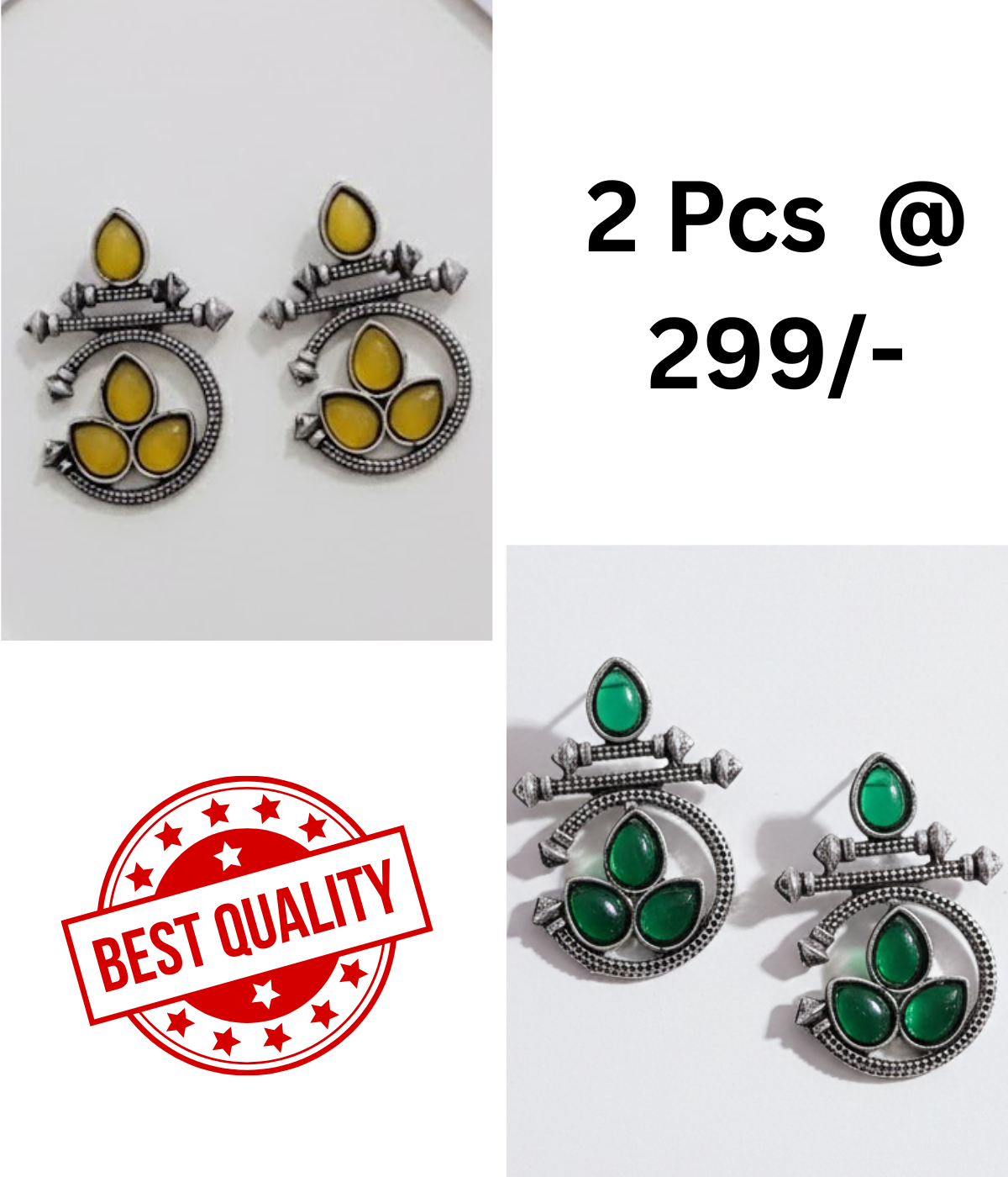 Ethnic Oxidized Silver Drop Earrings with Yellow & Black Stones