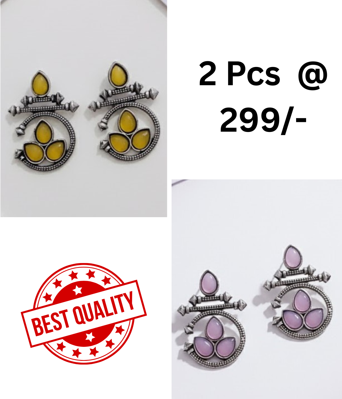 Ethnic Oxidized Silver Drop Earrings with Yellow & Black Stones