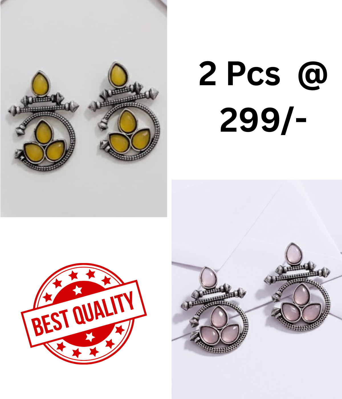 Ethnic Oxidized Silver Drop Earrings with Yellow & Black Stones