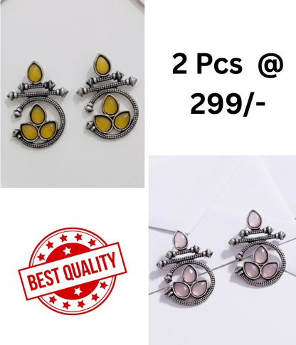 Ethnic Oxidized Silver Drop Earrings with Yellow & Black Stones