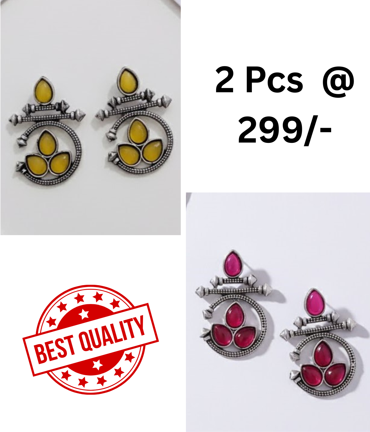 Ethnic Oxidized Silver Drop Earrings with Yellow & Black Stones