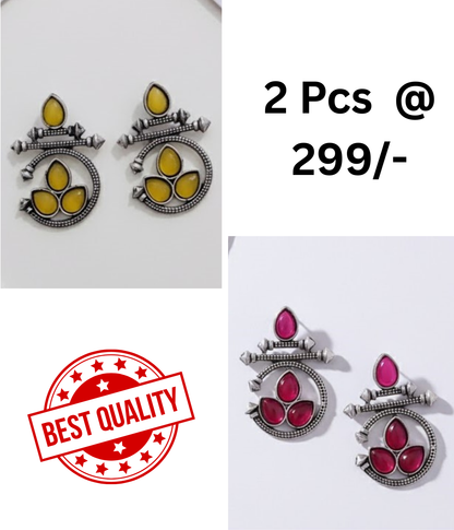 Ethnic Oxidized Silver Drop Earrings with Yellow & Black Stones