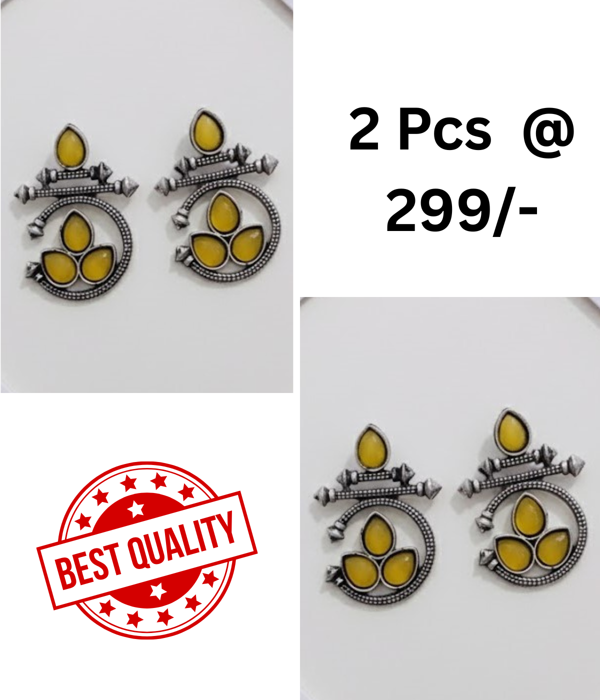 Ethnic Oxidized Silver Drop Earrings with Yellow & Black Stones