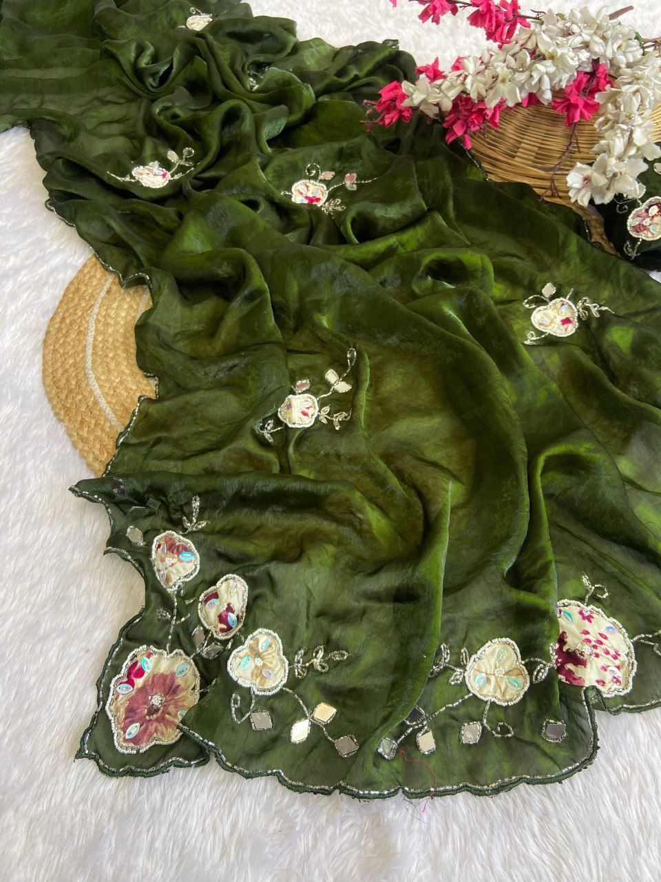 Elegant Fandy Satin Saree with Floral Embroidery and Mirror Work