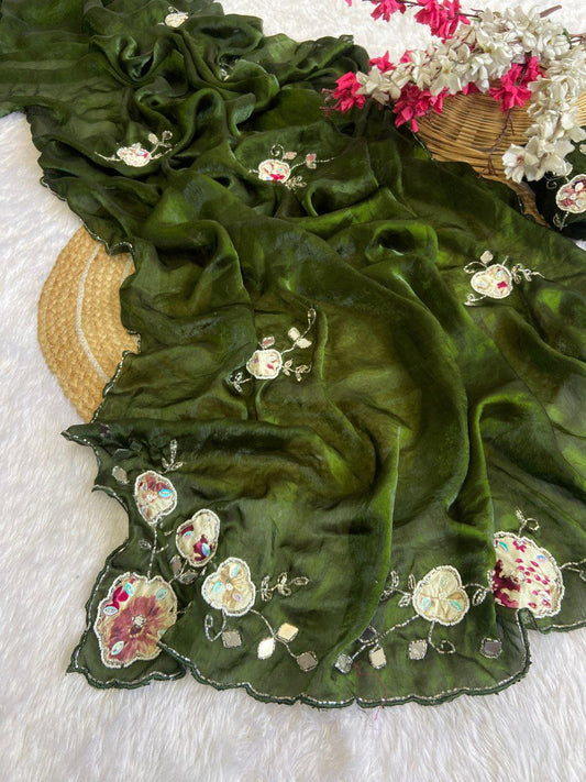 Elegant Fandy Satin Saree with Floral Embroidery and Mirror Work