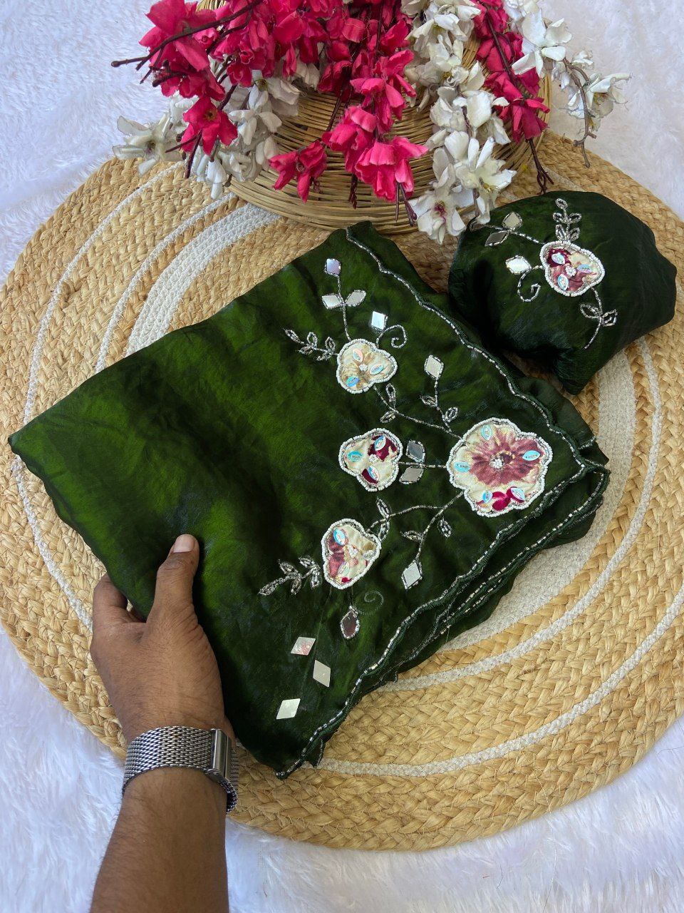 Elegant Fandy Satin Saree with Floral Embroidery and Mirror Work