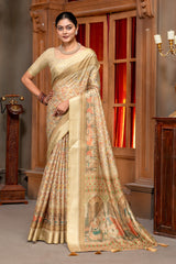 Elegant Beige Art Silk Saree with Mughal Digital Print and Golden Zari Border