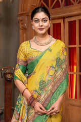 Radiant Yellow Tussar Silk Saree with Mughal Garden Digital Print