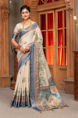 Regal Off-White Tussar Silk Saree with Intricate Pichwai Art & Zari Border