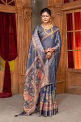 Enchanting Navy Blue Silk Blend Saree with Ornate Pichwai-Inspired Prints