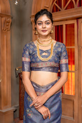 Enchanting Navy Blue Silk Blend Saree with Ornate Pichwai-Inspired Prints