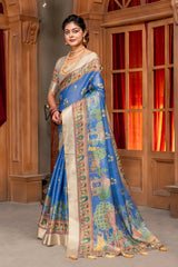 Royal Blue Tusser Silk Saree with Exquisite Mythological Pichwai Prints and Zari Border