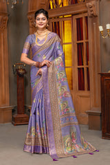 Elegant Lavender Digital Print Silk Blend Saree with Mythological Motifs & Zari Border