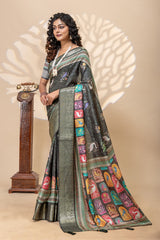 Mystique Charcoal Grey Heritage Bird Print Art Silk Saree with Zari Border