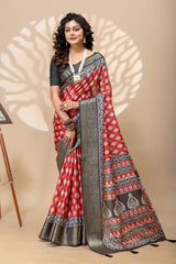 Elegant Red Art Silk Saree with Ethnic Border & Floral Prints