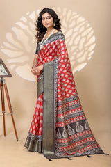 Elegant Red Art Silk Saree with Ethnic Border & Floral Prints