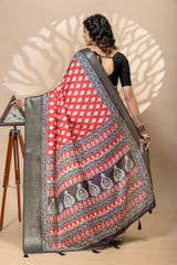 Elegant Red Art Silk Saree with Ethnic Border & Floral Prints