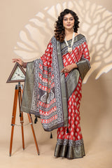 Elegant Red Art Silk Saree with Ethnic Border & Floral Prints