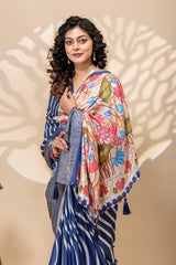 Elegant Royal Blue Diagonal Striped Art Silk Saree with Floral Pallu