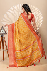 Radiant Mustard & Maroon Bandhani Art Silk Saree with Zari Border