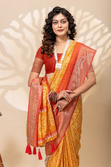 Radiant Mustard & Maroon Bandhani Art Silk Saree with Zari Border