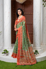 Exquisite Green Patola Print Art Silk Saree with Rich Zari Border
