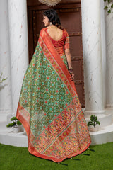 Exquisite Green Patola Print Art Silk Saree with Rich Zari Border