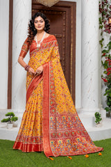 Exquisite Mustard & Rust Patola Print Art Silk Saree