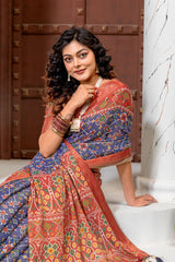 Exquisite Navy Blue & Rust Red Patola Silk Saree with Elegant Zari Border