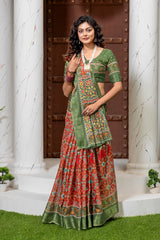 Vibrant Red & Green Heritage Patola Print Silk Blend Saree