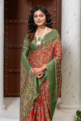 Vibrant Red & Green Heritage Patola Print Silk Blend Saree