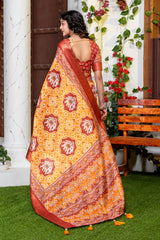 Elegant Mustard & Maroon Patola Print Art Silk Saree