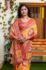Elegant Mustard & Maroon Patola Print Art Silk Saree