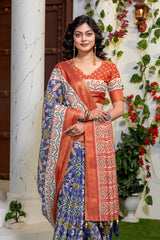 Indigo Radiance: Elegant Patola Print Art Silk Saree with Zari Border